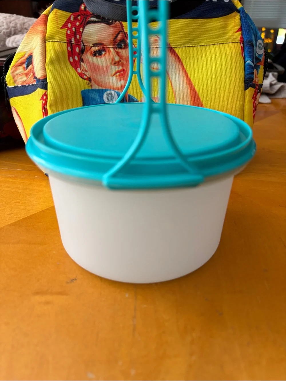 White Storage Bucket with Teal Handle and Lid